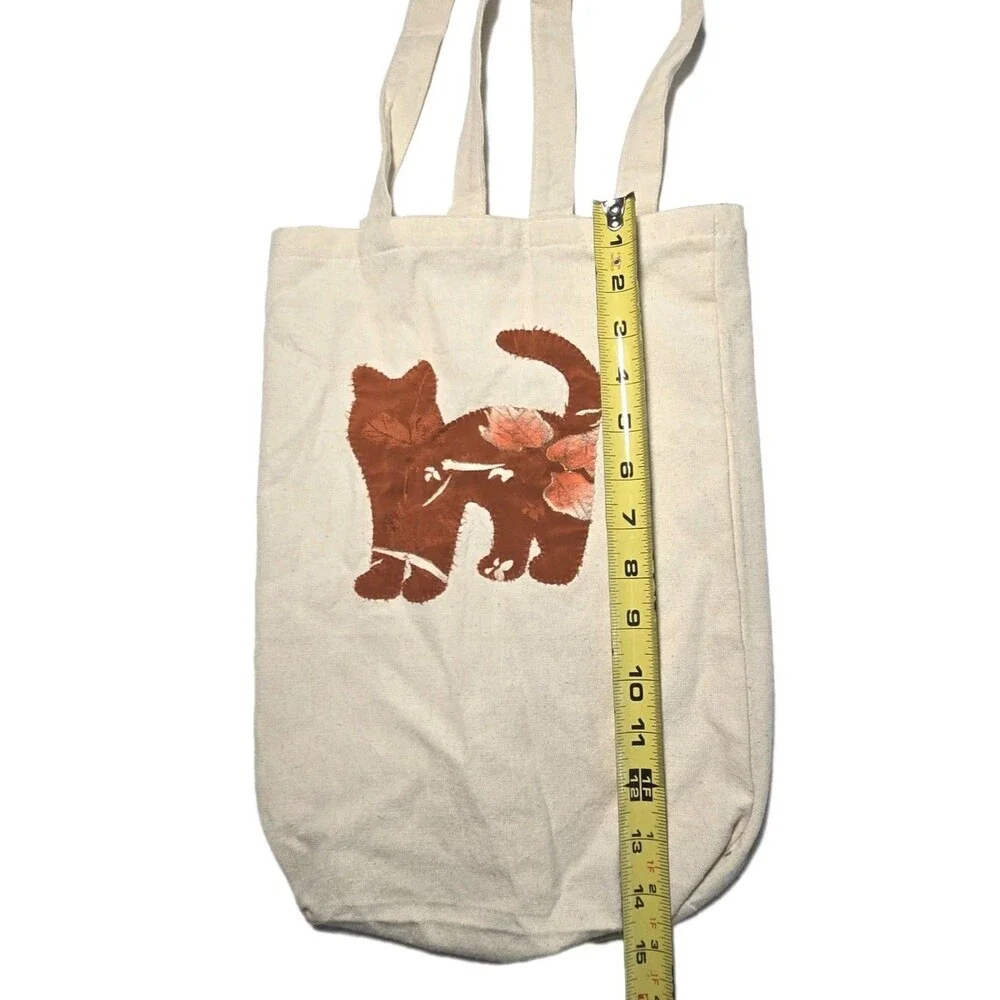 Cute Fall Canvas Tote Bag Y2K Boho Kitty Leaf 100% Cotton Handbag
